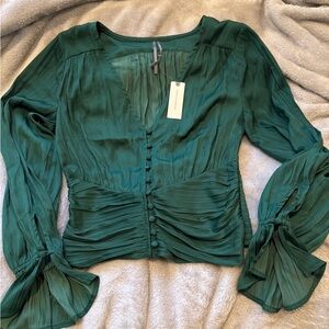 Anthropologie Green Long-Sleeve Tiered Blouse